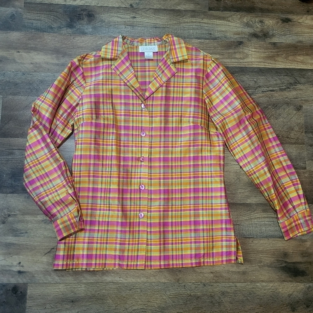 Vintage Women's Jordan 100% Silk Colorful Plaid Long Sleeve Button Down Blouse S